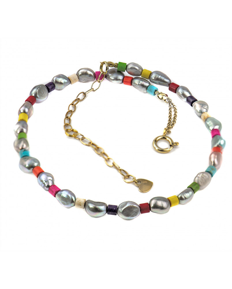 Kolorowy naszyjnik z szarymi perłami