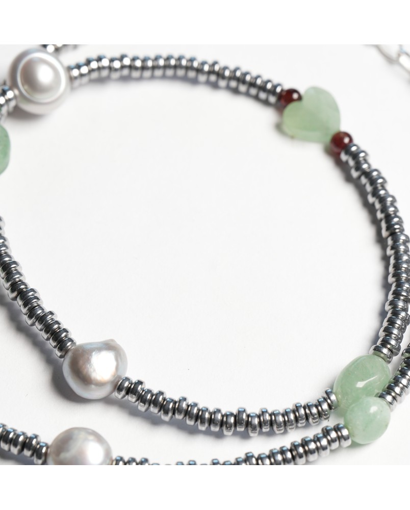 Naszyjnik z hematytu, pereł i awenturynu