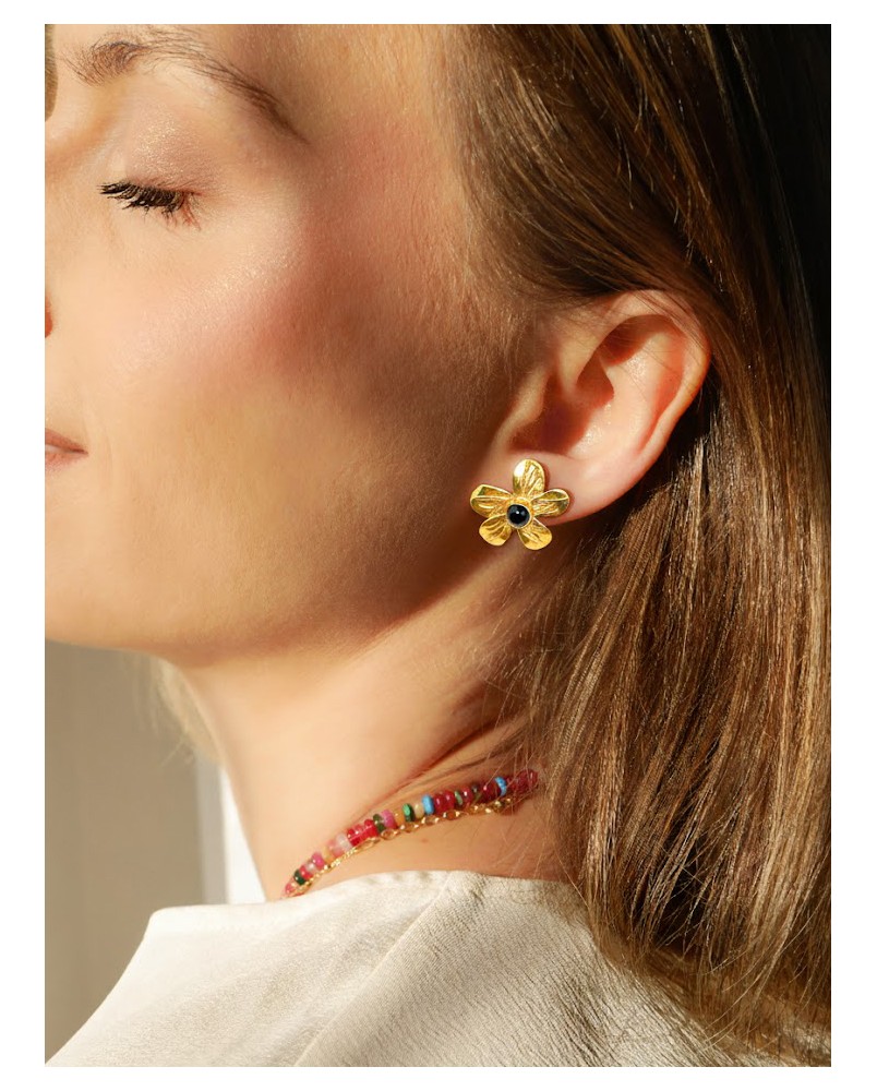 Kolczyki duże kwiaty z onyksami